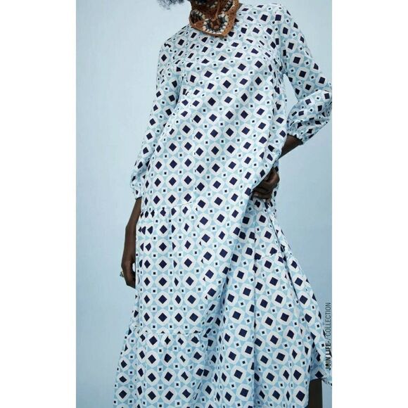 ZARA Print Dress Blue Geometry Print Long Sleeves - Picture 8 of 13